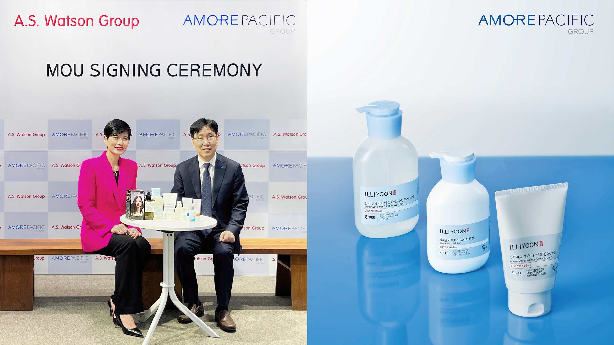 屈臣氏集團(亞洲及歐洲)行政總裁倪文玲(左)與Amorepacific集團總裁李相穆 (右)在韓國首爾簽署策略合作協議