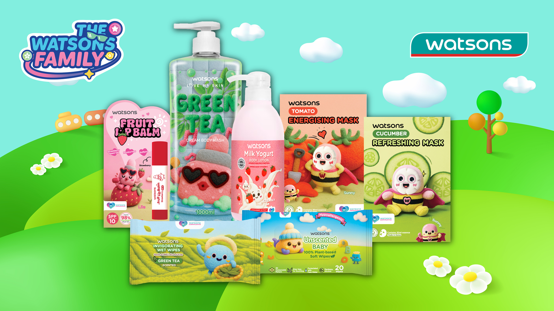 Watsons Own Brand products are reimagined with The Watsons Family characters, turning everyday essentials into playful, collectible self-care experiences